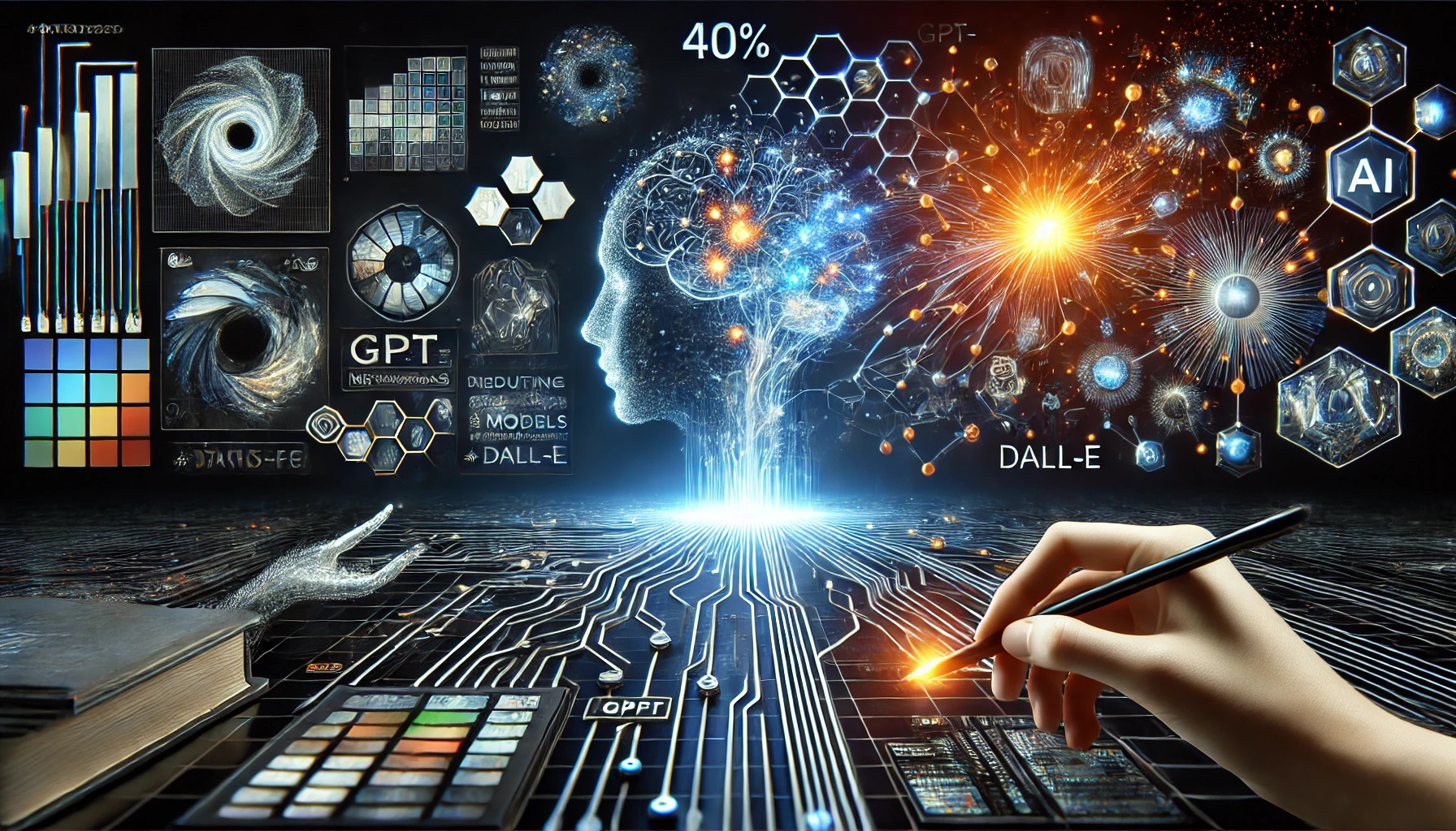 Se ilustra la revolución de la inteligencia artificial generativa, la fusión de texto, imágenes y código, junto con representaciones de redes neuronales y modelos transformadores. Elementos visuales de herramientas como DALL-E, Midjourney y Codex, combinados con gráficos que representan los desafíos éticos y avances tecnológicos.
