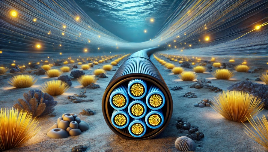 Ilustración futurista de un cable de fibra óptica multi-núcleos integrado en redes submarinas y terrestres de alta capacidad.