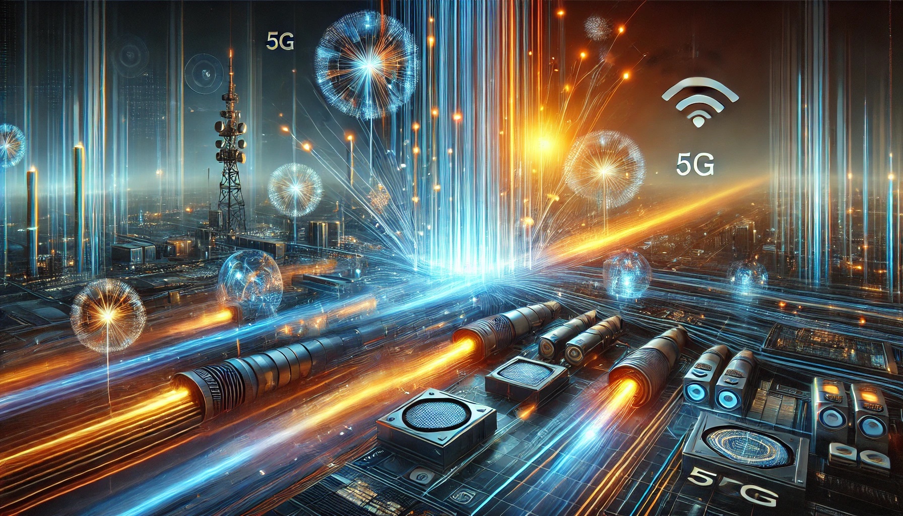 Ilustración conceptual de tecnología Power-over-Fiber mostrando fibras ópticas brillantes, convertidores fotovoltaicos y aplicaciones tecnológicas.