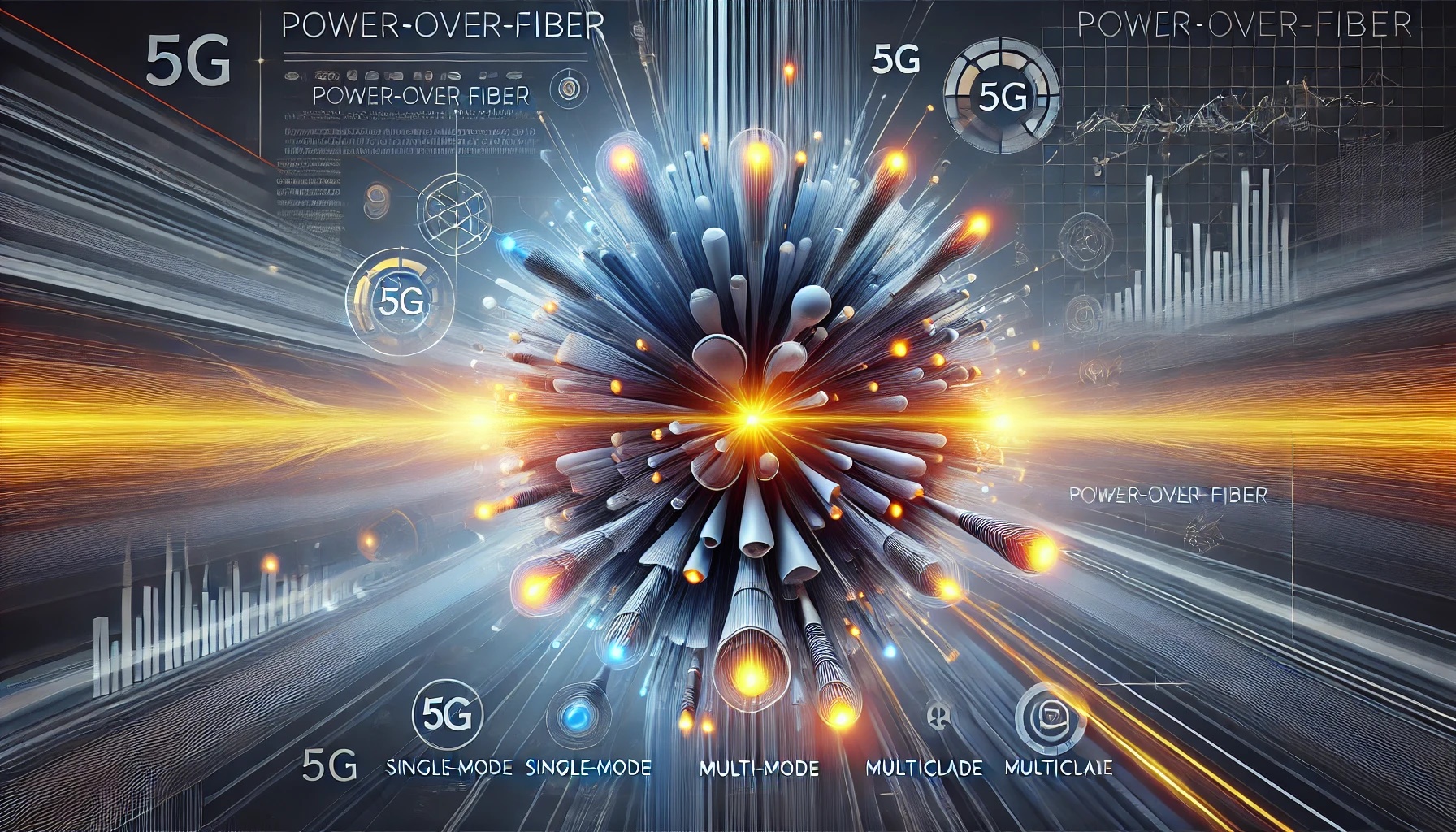 Esquema de transmisión de energía mediante fibras ópticas, destacando aplicaciones en drones, sensores y antenas remotas.