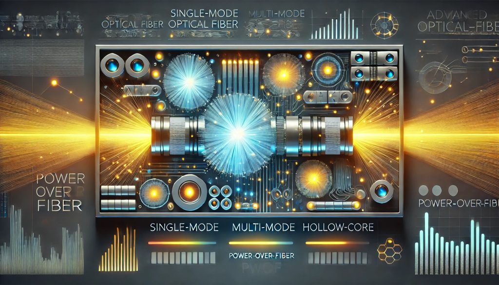 Diagrama que ilustra fibras ópticas avanzadas utilizadas en la tecnología Power-over-Fiber (PWoF), mostrando transmisión simultánea de energía y datos.