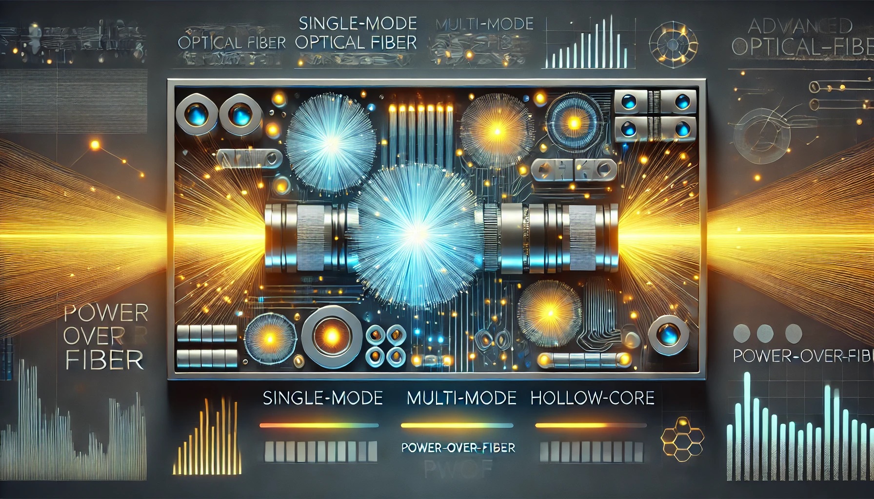 Diagrama que ilustra fibras ópticas avanzadas utilizadas en la tecnología Power-over-Fiber (PWoF), mostrando transmisión simultánea de energía y datos.