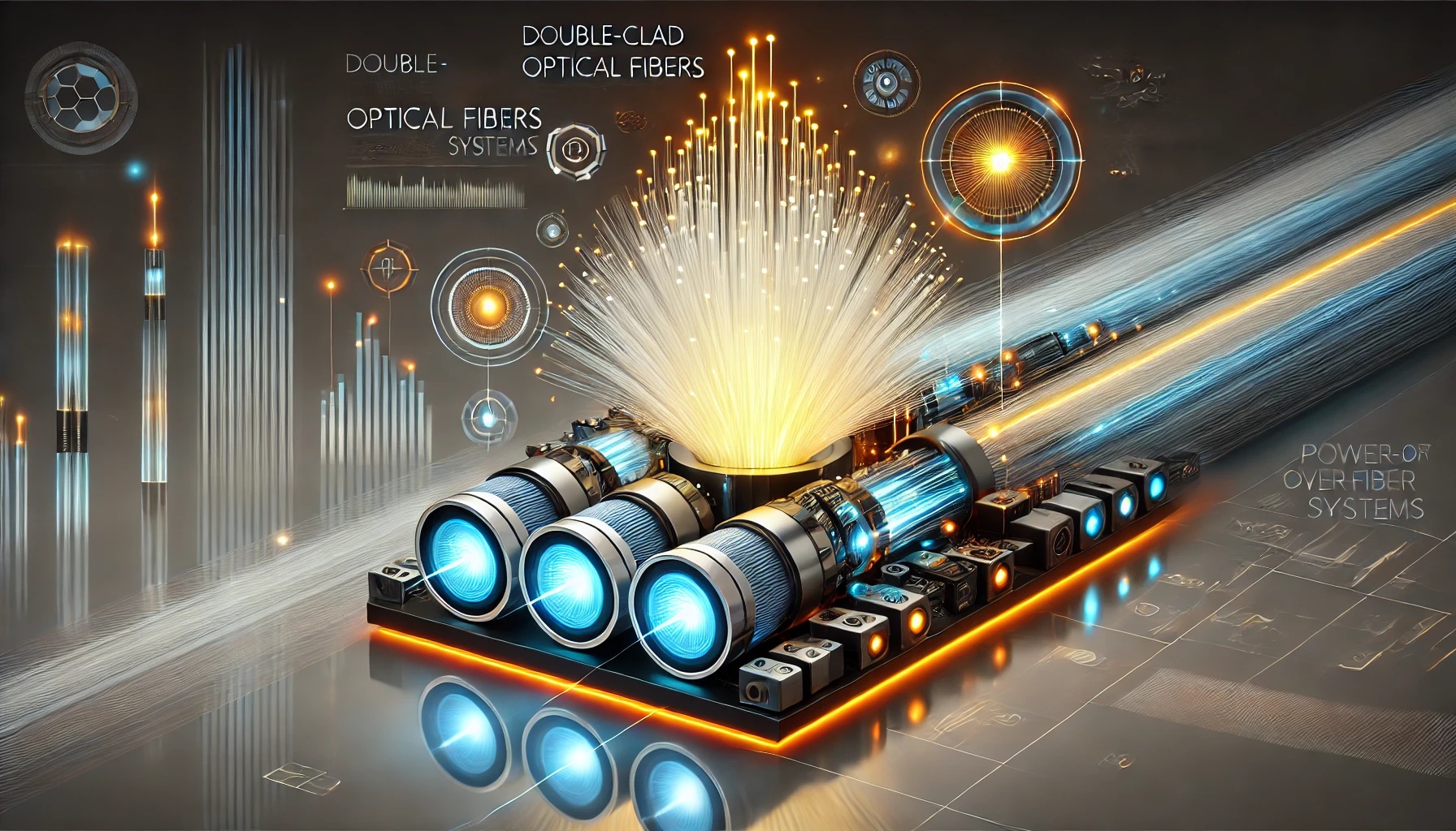 Visualización tecnológica que destaca fibras ópticas de doble revestimiento con luz guiada, mostrando componentes clave para la transmisión simultánea de datos y energía.