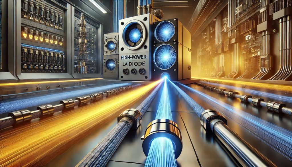 Un sistema de transmisión de energía mediante fibras ópticas y láseres de diodo de alta potencia, con un diseño futurista que resalta el acoplamiento y la eficiencia tecnológica en un entorno industrial moderno.
