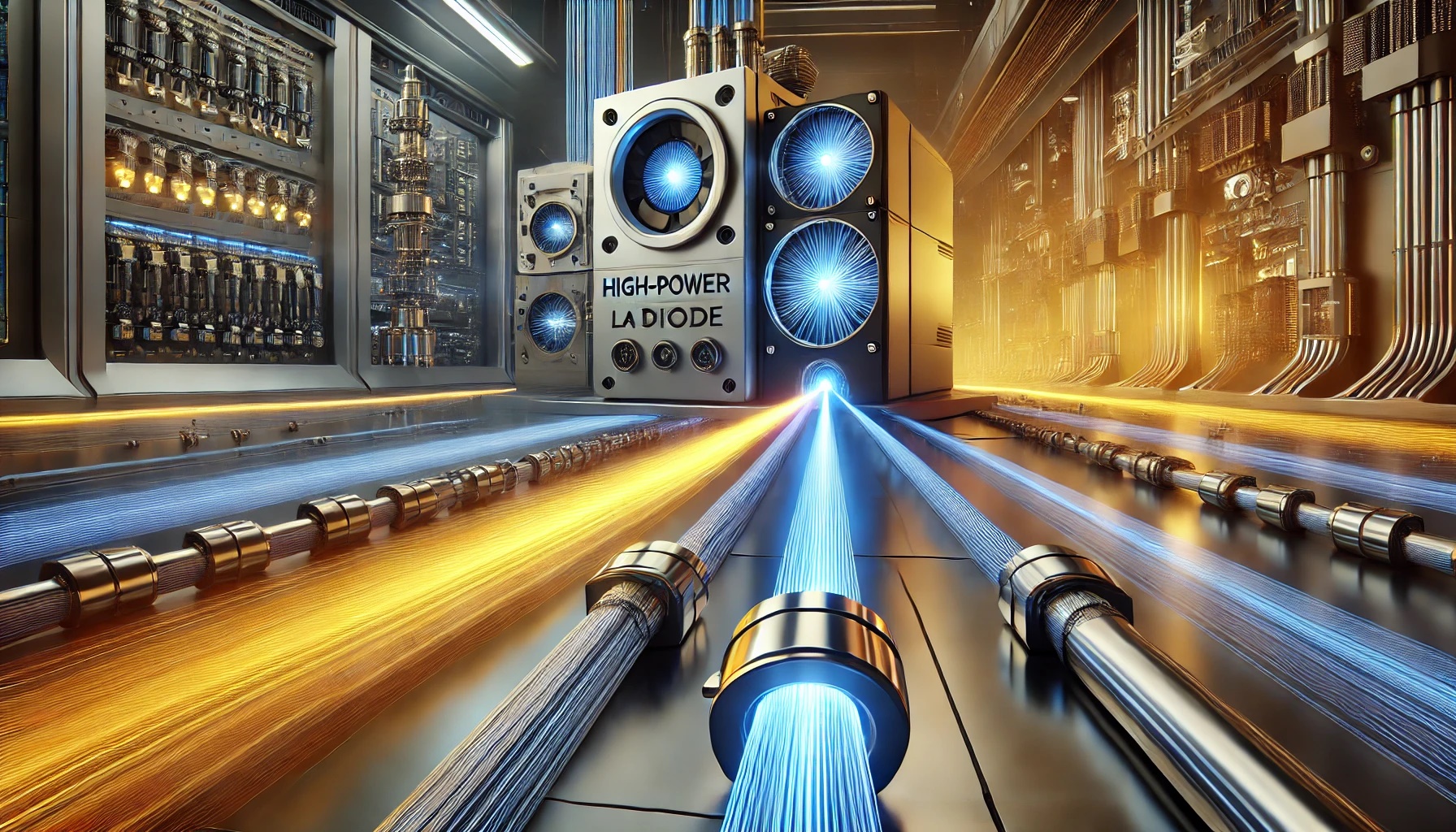 Un sistema de transmisión de energía mediante fibras ópticas y láseres de diodo de alta potencia, con un diseño futurista que resalta el acoplamiento y la eficiencia tecnológica en un entorno industrial moderno.