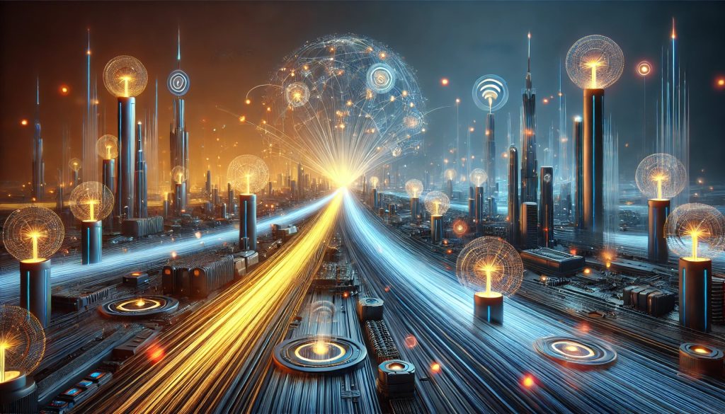 Visualización futurista de tecnologías de fibra óptica para transmisión simultánea de datos y energía en redes avanzadas.