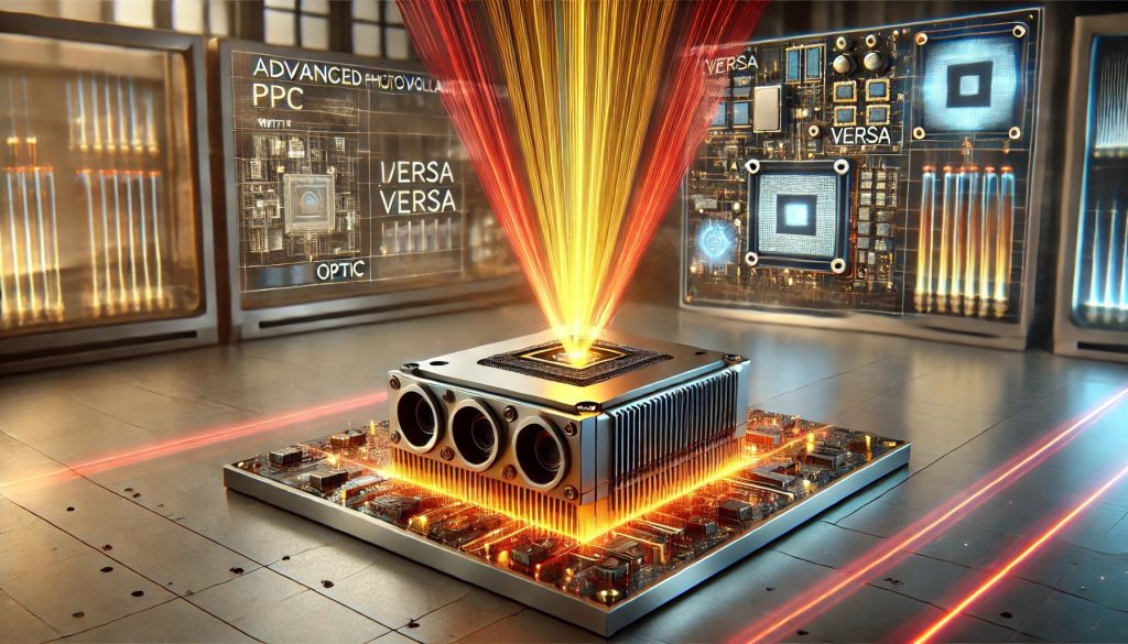Dispositivo fotovoltaico PPC con arquitectura VERSA, rodeado de haces de luz láser, en un entorno tecnológico moderno.
