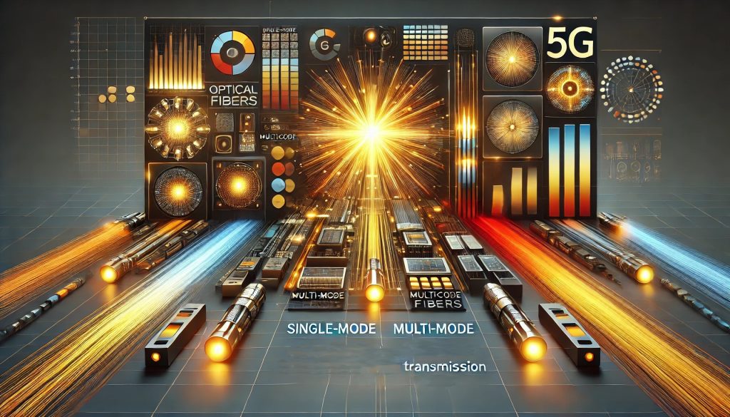 Imagen de un laboratorio futurista que exhibe un sistema Power-over-Fiber (PWoF), con fibras ópticas resplandecientes en tonos cálidos y un análisis termográfico que resalta componentes clave.