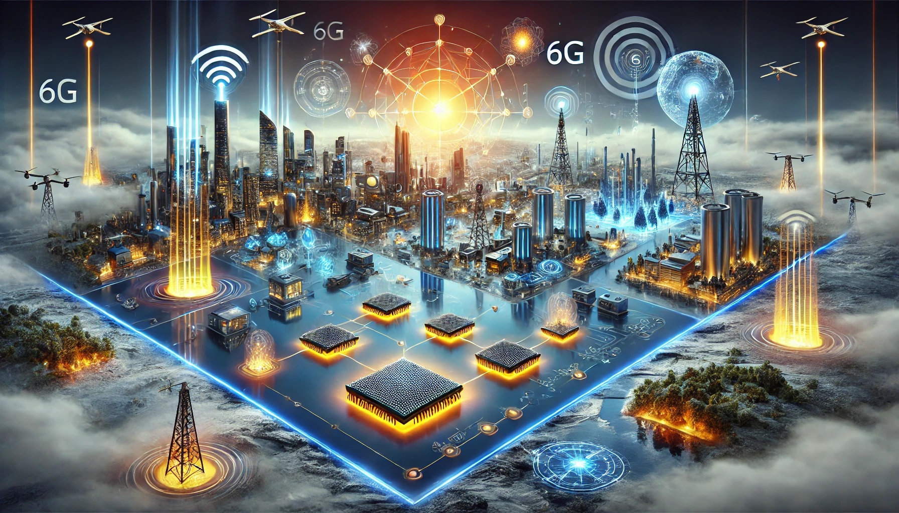 Una ilustración futurista que muestra dispositivos MEMS/NEMS conectados en un entorno de ciudad inteligente, con señales de red 6G brillando en amarillo y degradados rojizos-anaranjados, junto con elementos naturales del ecosistema WEAF integrados en la tecnología.