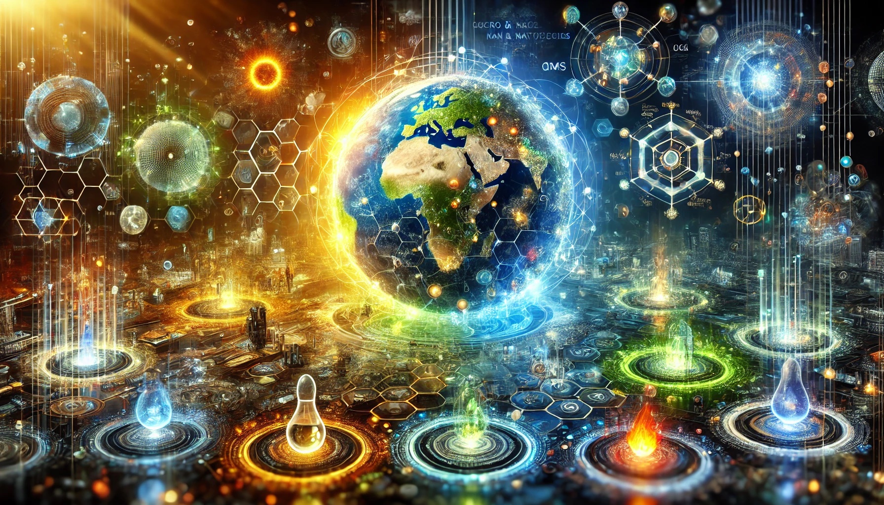 Una representación futurista de redes globales interconectadas, con efectos luminosos vibrantes en tonos amarillos, verdes, rojos y naranjas, mostrando componentes molecularmente miniaturizados en un ecosistema tecnológico que combina los elementos agua, tierra, aire y fuego.