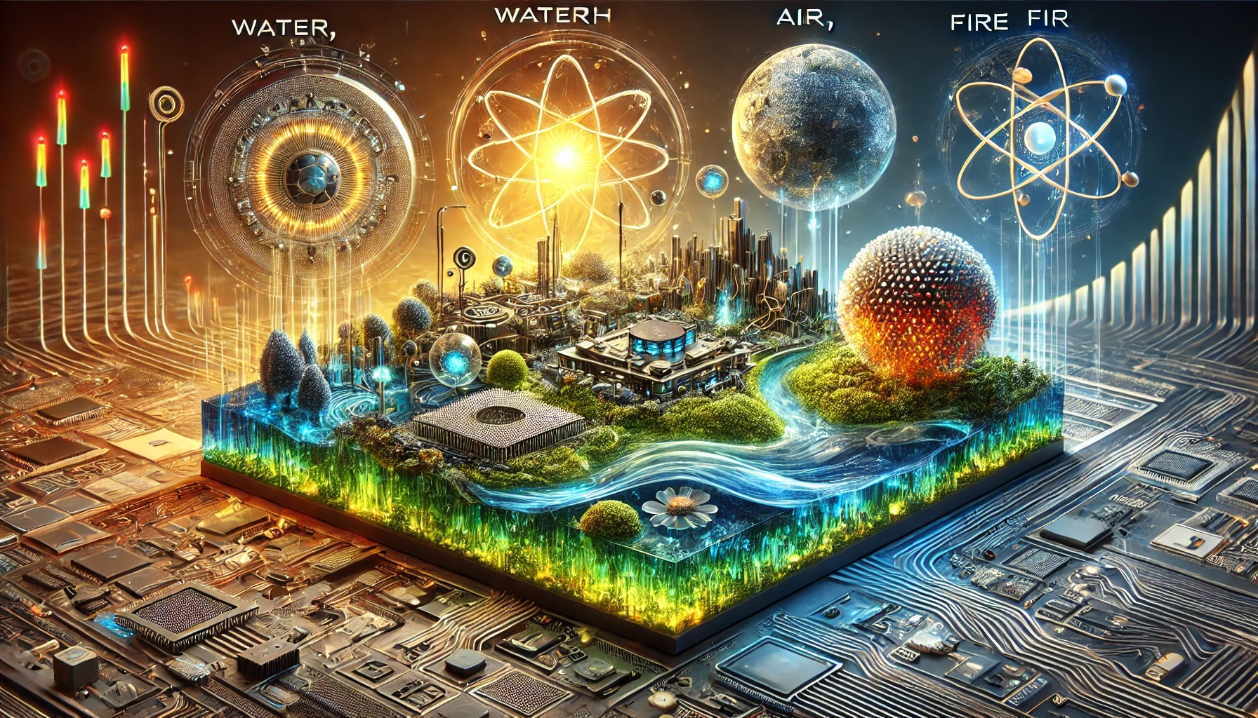 Ilustración conceptual de tecnologías emergentes en el ecosistema WEAF, destacando materiales auto-reparadores y sistemas MEMS avanzados