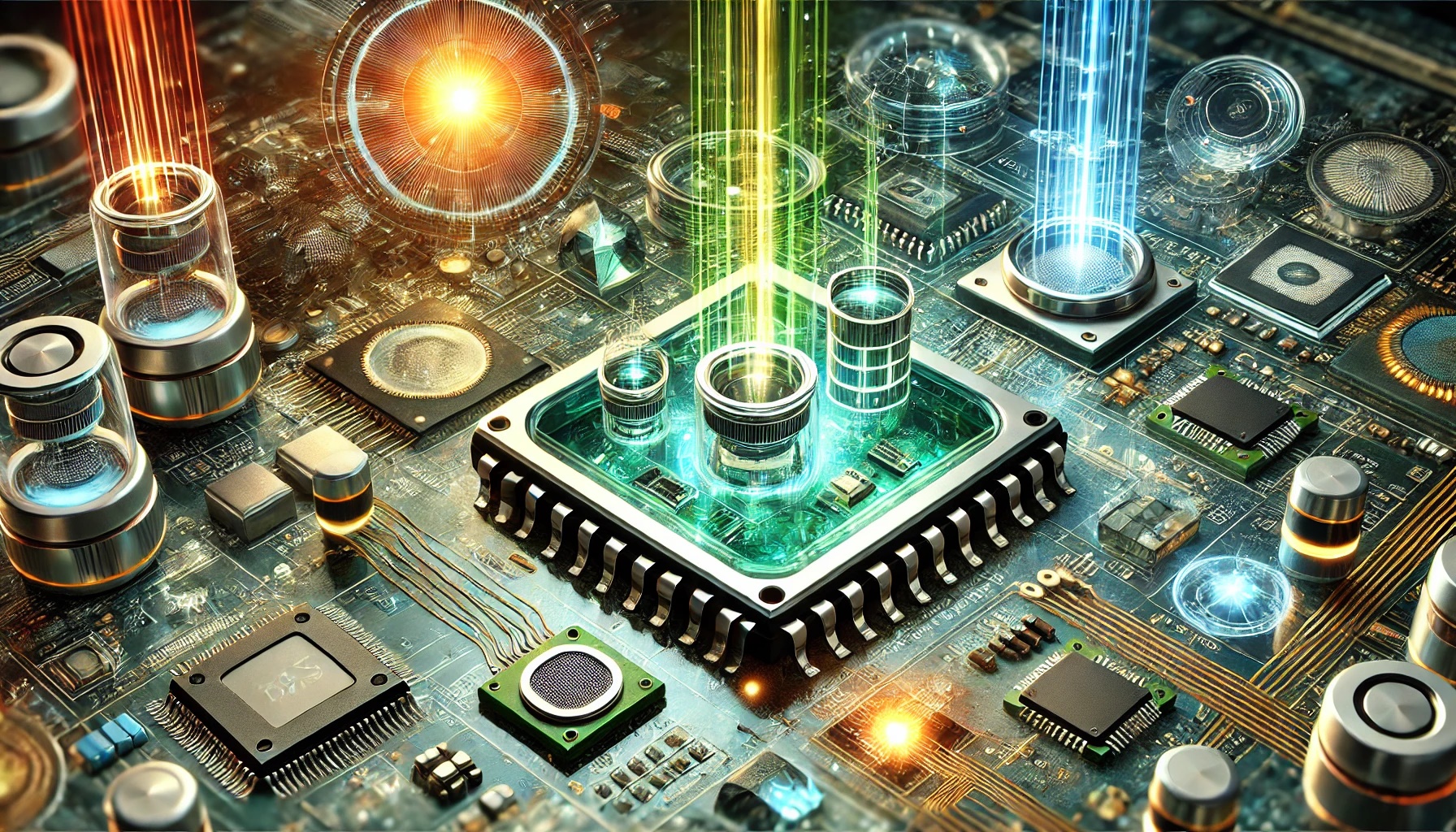 Sensor multifuncional miniaturizado integrando tecnología MEMS y CMOS, midiendo parámetros ambientales en un entorno acuático del Ecosistema WEAF.