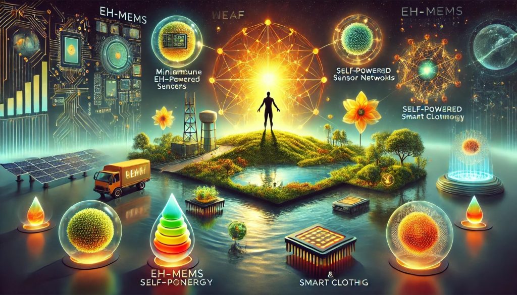 Ilustración de dispositivos EH-MEMS recolectando energía de diversas fuentes en el Ecosistema WEAF.