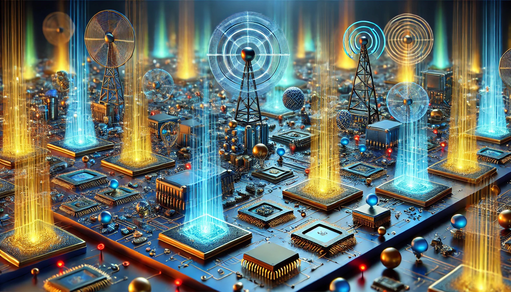 Ilustración de un ecosistema tecnológico avanzado con micro/nano tecnologías, metasuperficies y redes de próxima generación en un entorno futurista.