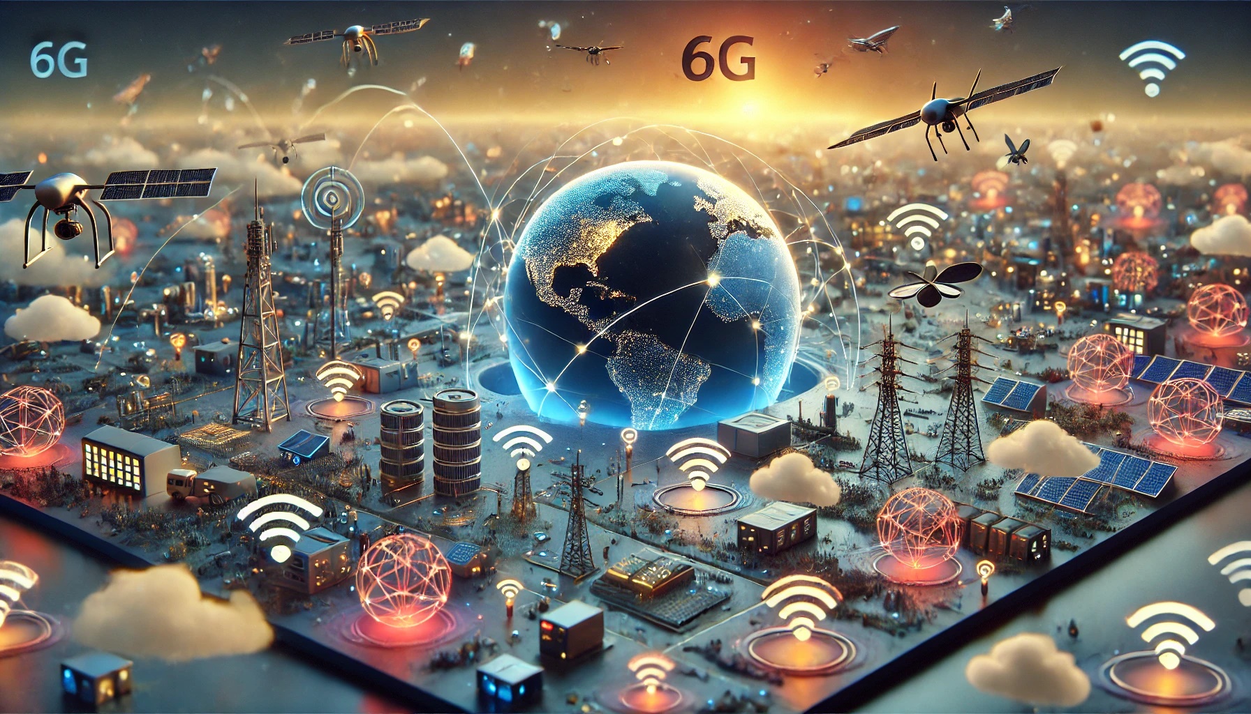 Un paisaje futurista que muestra dispositivos inteligentes conectados, drones volando, torres de comunicación avanzadas y satélites en órbita. Los dispositivos emiten resplandores amarillentos y tonos rojizo-anaranjados que resaltan en un entorno de tonos azules y grises suaves. Representación de una red global 6G interconectada.