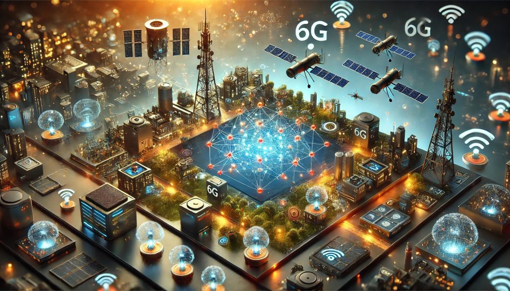Un ecosistema futurista de redes 6G, con dispositivos micro y nano interconectados. La escena incluye drones, satélites y estaciones base, con resplandores amarillos y rojizos-anaranjados que iluminan sensores distribuidos y nodos inteligentes en un entorno tecnológico avanzado.
