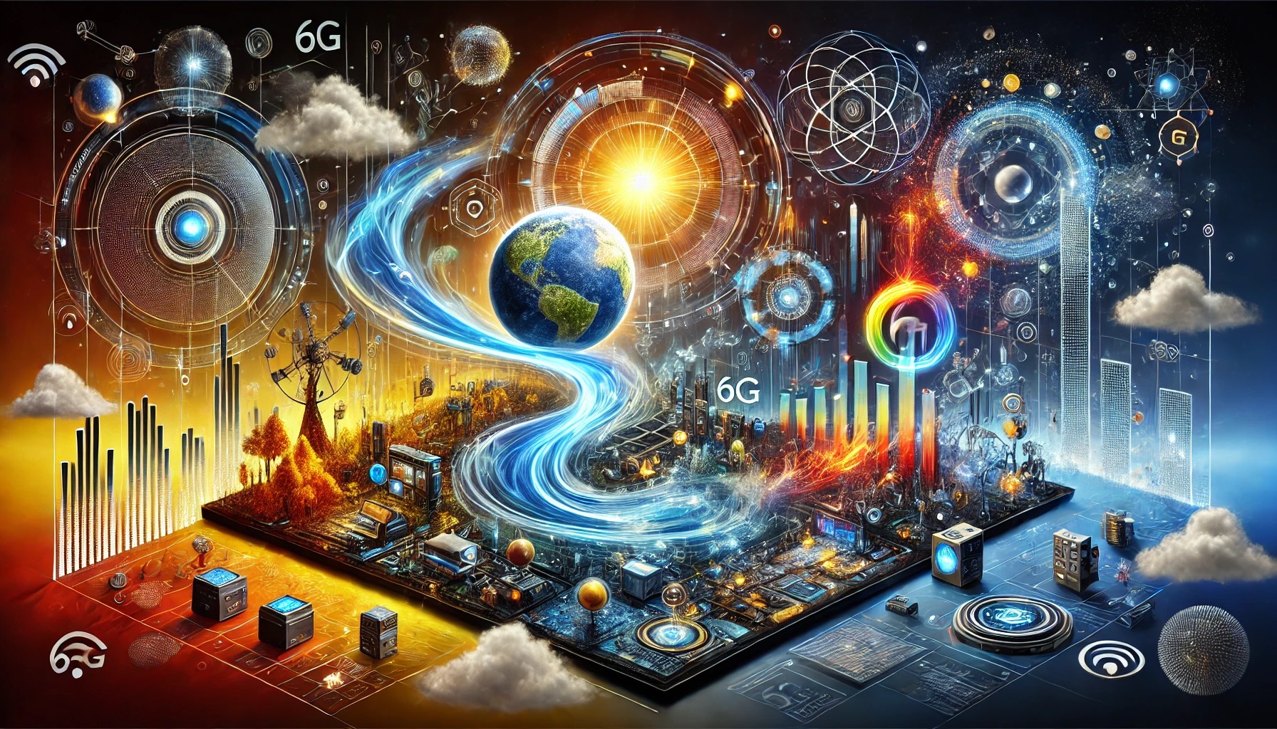 Representación conceptual de un ecosistema futurista donde los elementos agua, tierra, aire y fuego interactúan con dispositivos micro/nano tecnológicos en un entorno de redes 6G, con ondas de datos y energía fluyendo dinámicamente.