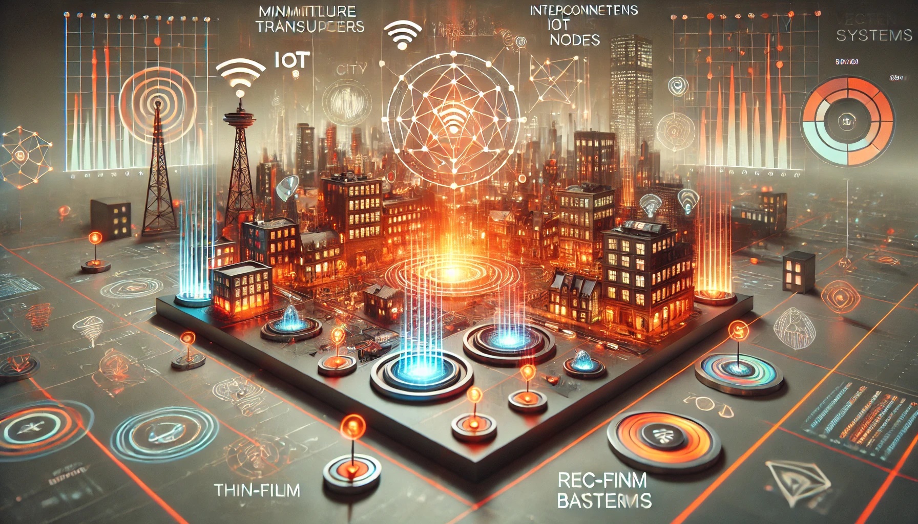 Una representación futurista de un ecosistema tecnológico urbano, con transductores miniaturizados, sensores IoT, antenas rectificadoras, y baterías integradas en dispositivos portátiles. Colores cálidos simbolizan la energía térmica mientras que tonos fríos destacan la precisión tecnológica.