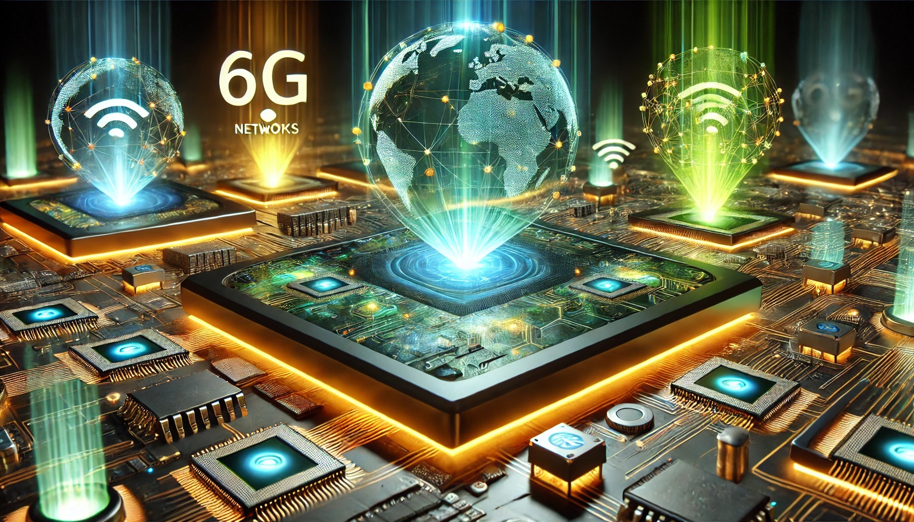 Una representación futurista de redes inalámbricas avanzadas, destacando microchips integrados con dispositivos MEMS/NEMS y conexiones globales brillantes, con tonos azulados y resplandores degradados en amarillo, verde y naranja.