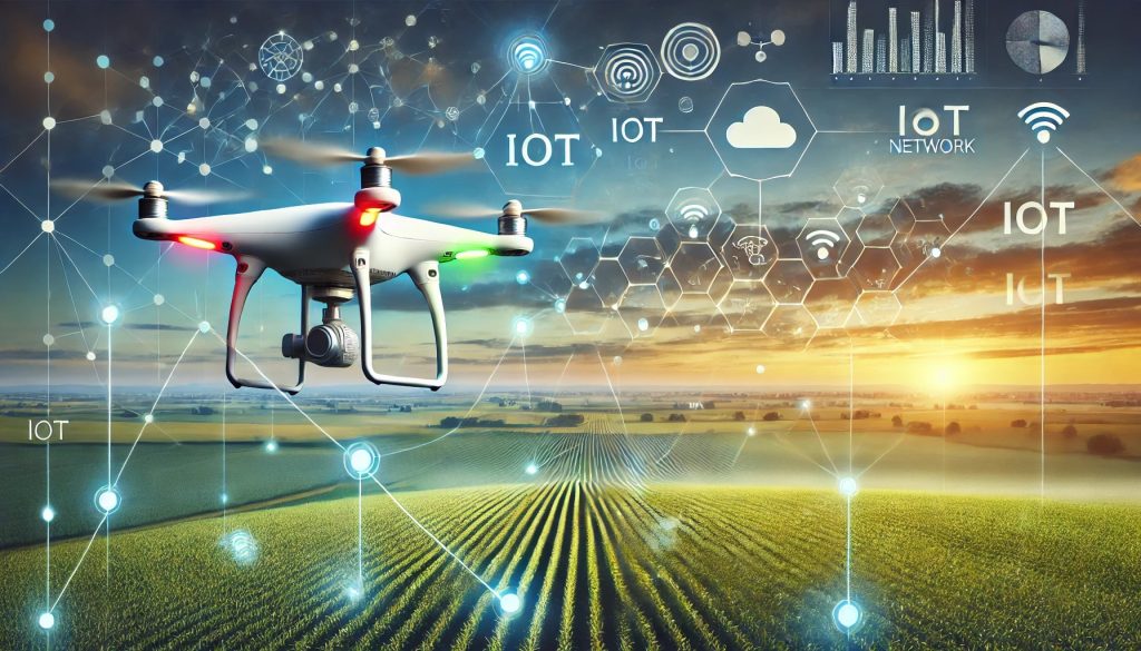 Un dron sobrevuela un campo agrícola, conectado a una red de dispositivos IoT representada con nodos interconectados y resplandores degradados en amarillo y naranja, destacando la integración tecnológica de UAV, IoT e inteligencia artificial