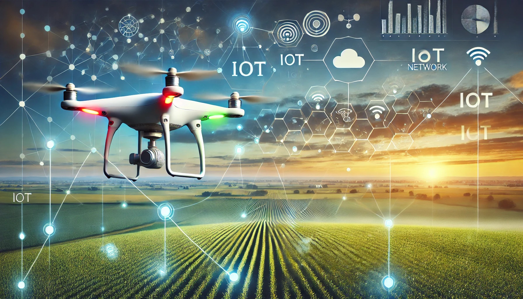 Un dron sobrevuela un campo agrícola, conectado a una red de dispositivos IoT representada con nodos interconectados y resplandores degradados en amarillo y naranja, destacando la integración tecnológica de UAV, IoT e inteligencia artificial