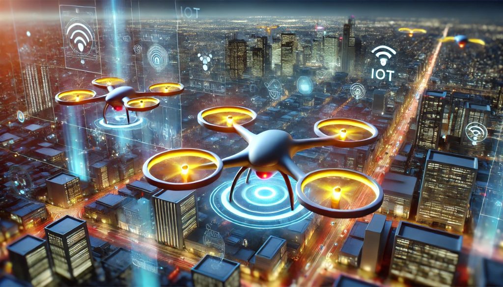 Enjambre de UAV equipados con sensores avanzados y algoritmos de inteligencia artificial, volando sobre una ciudad moderna iluminada