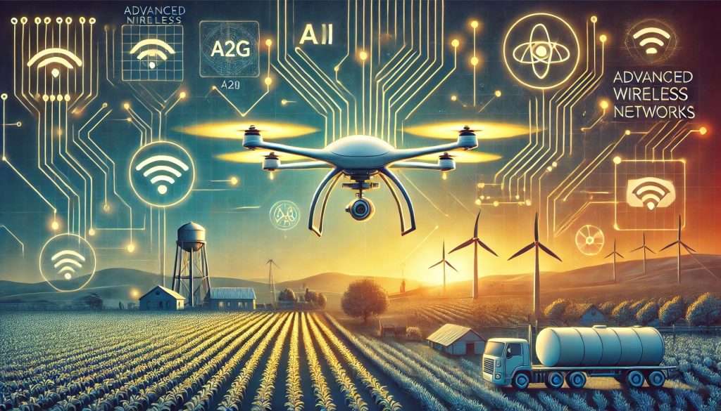 Un UAV operando en un entorno agrícola, con conexiones inalámbricas avanzadas visibles y rodeado de iconos que simbolizan inteligencia artificial y sostenibilidad