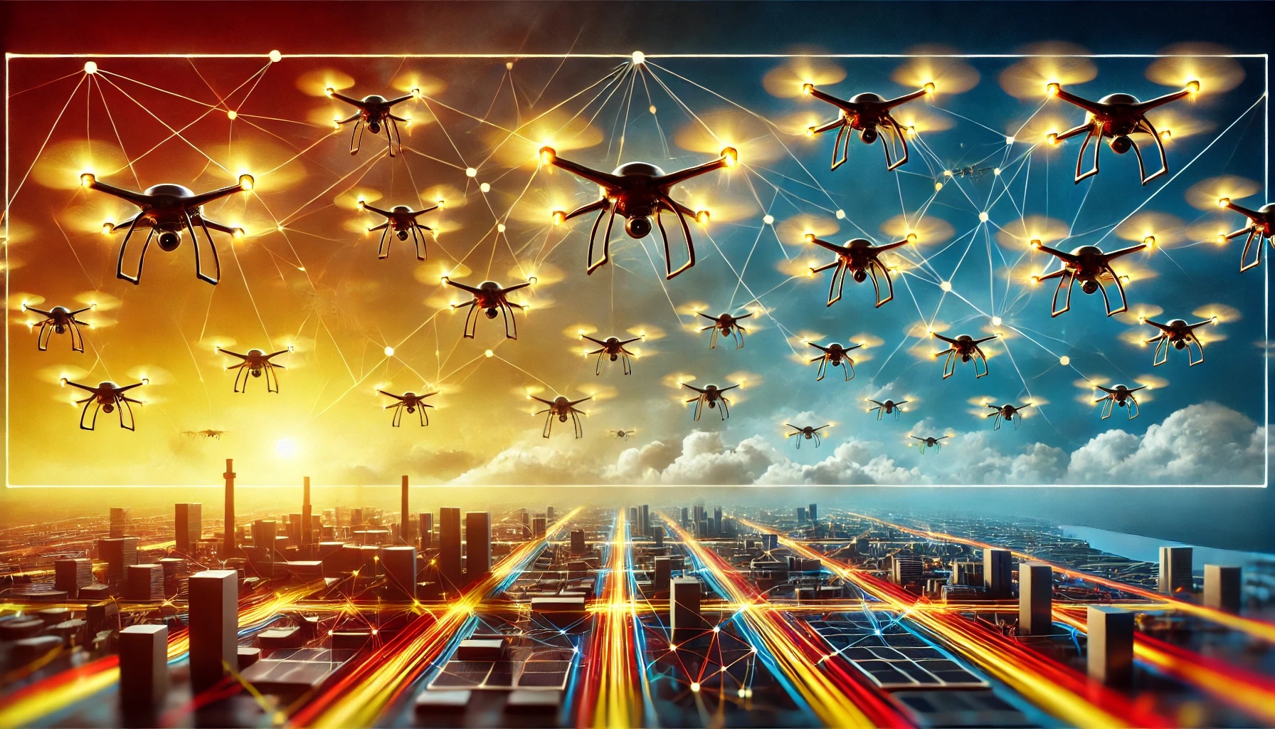 Un enjambre de UAV conectados en una red FANET, resaltando conexiones con vibrantes tonos amarillos y rojizos sobre un paisaje urbano