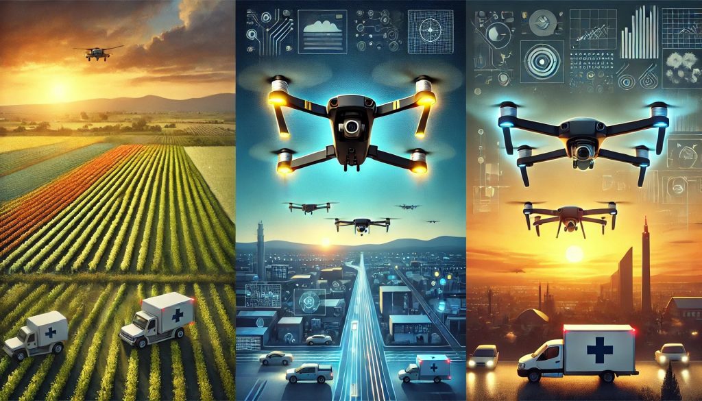 Dron equipado con sensores avanzados monitoreando cultivos en un campo agrícola, con un UAV adicional supervisando el tráfico urbano y otro entregando suministros médicos