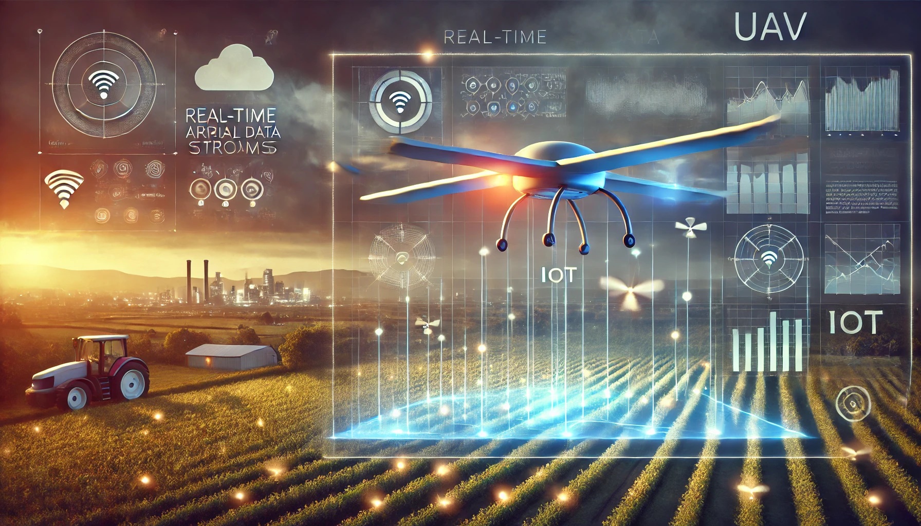 Un UAV recolectando datos en tiempo real desde sensores IoT en un campo agrícola, con una interfaz futurista visualizando los datos y drones adicionales operando en un entorno urbano interconectado