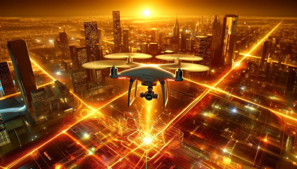 Un UAV volando sobre una ciudad conectada, rodeado de glows amarillos y rojizos que representan la optimización de tareas y la interacción en redes inteligentes