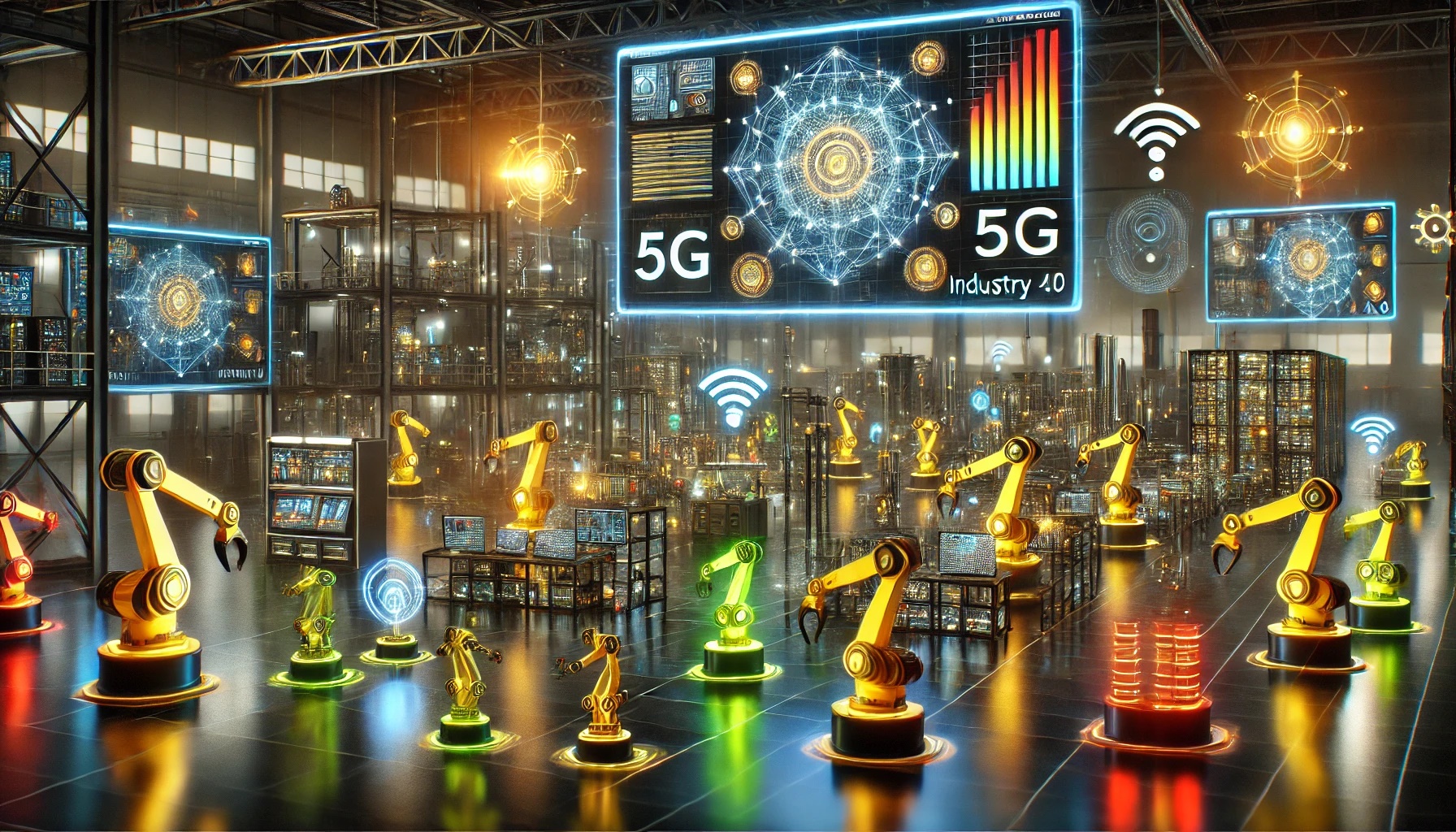 Ilustración de una fábrica inteligente con conectividad 5G, donde robots autónomos y sensores IoT están interconectados en tiempo real.