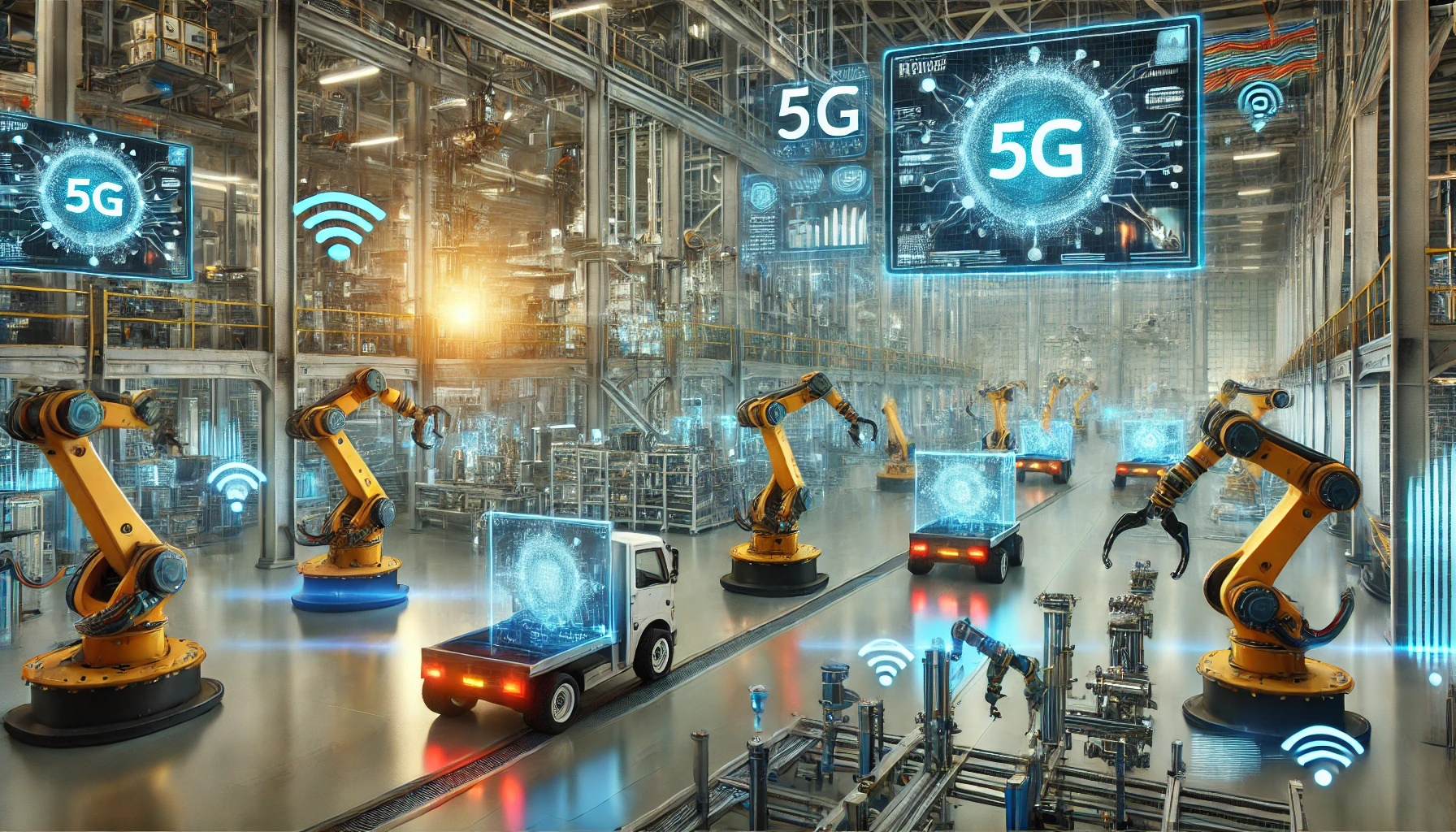 Ilustración de un entorno industrial moderno con robots automatizados y vehículos guiados operando en una fábrica conectada con redes 5G.