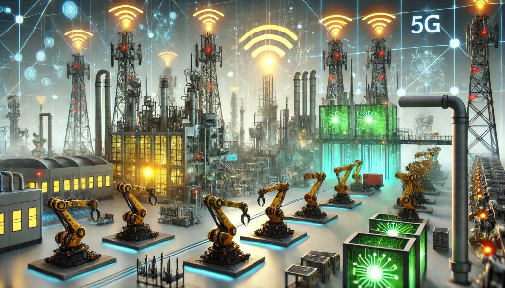 Infraestructura 5G en un entorno industrial con máquinas automatizadas conectadas y redes inteligentes en acción.