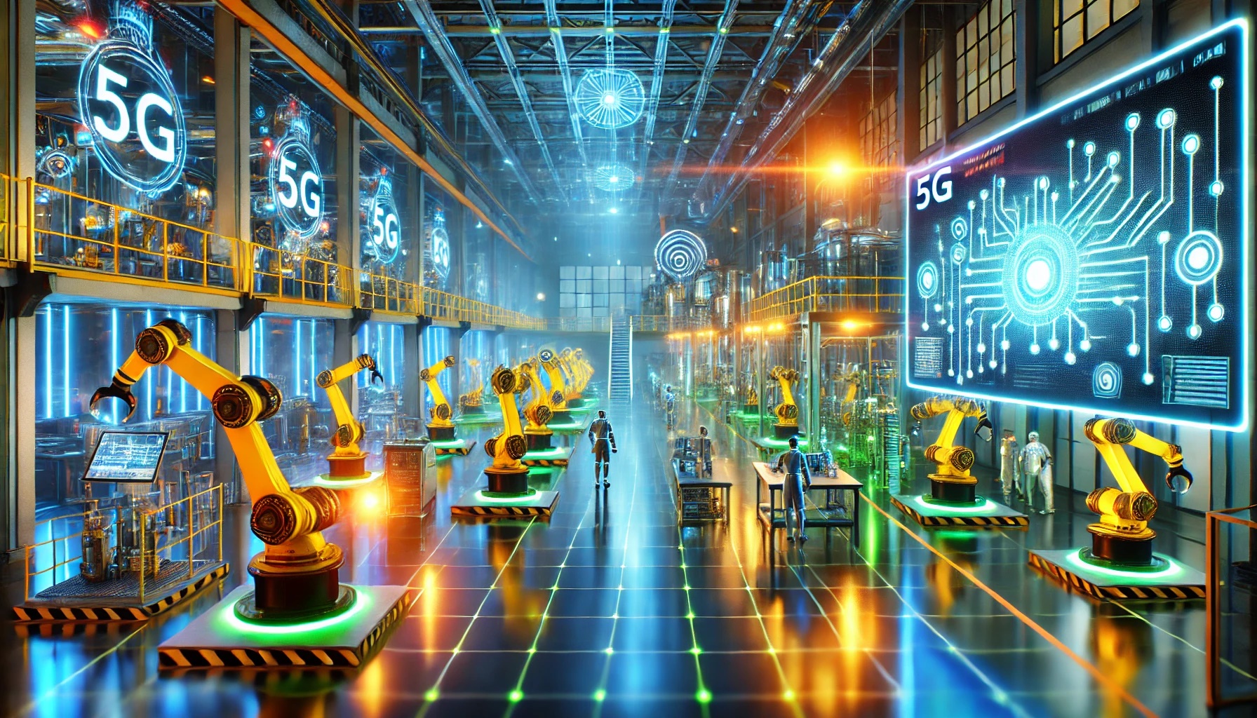 Representación visual de una fábrica inteligente con integración de redes 5G, TSN y OPC UA, mostrando la sincronización en tiempo real de robots industriales.