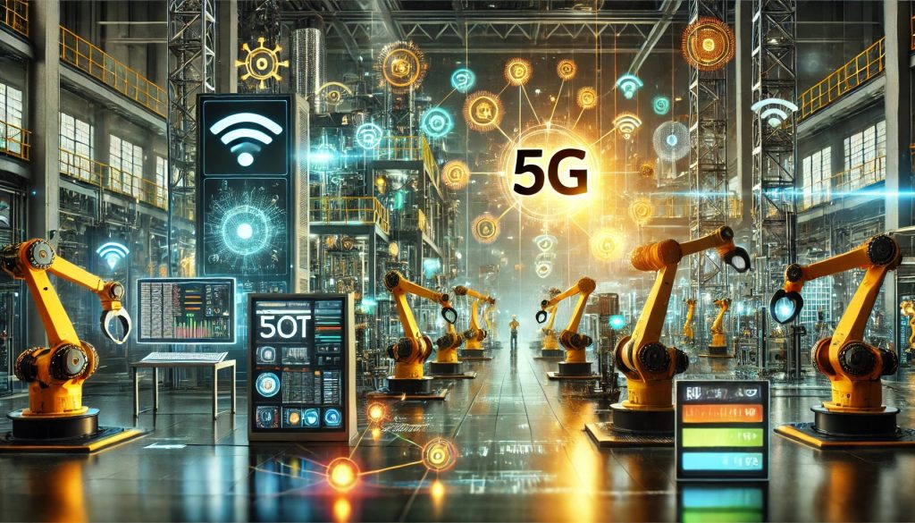 Fábrica inteligente con redes 5G, mostrando conectividad entre robots industriales y sensores IoT en un entorno de producción automatizado.