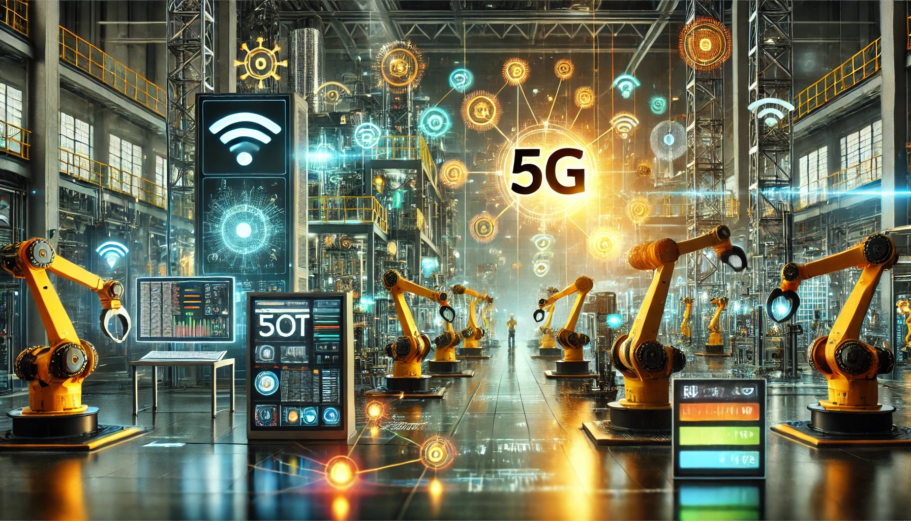 Fábrica inteligente con redes 5G, mostrando conectividad entre robots industriales y sensores IoT en un entorno de producción automatizado.