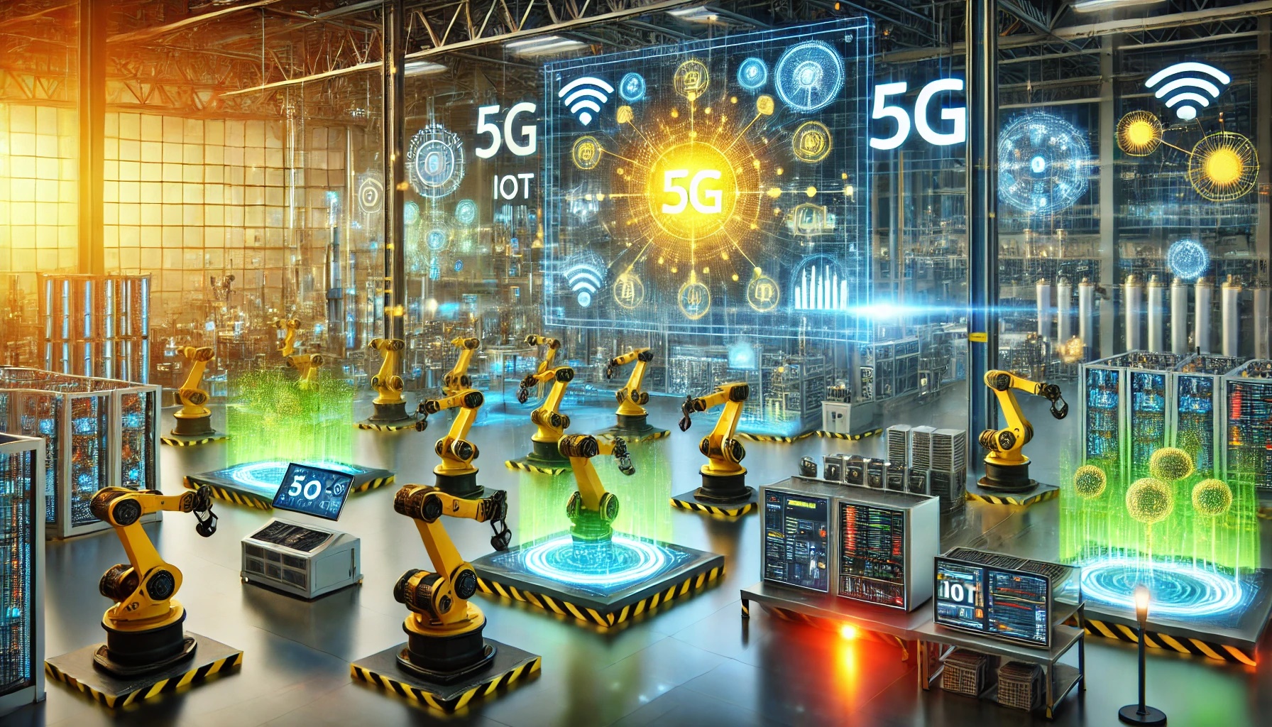 Fábrica inteligente con conectividad 5G, donde robots colaborativos y sensores IoT trabajan en sincronía para optimizar la producción industrial.