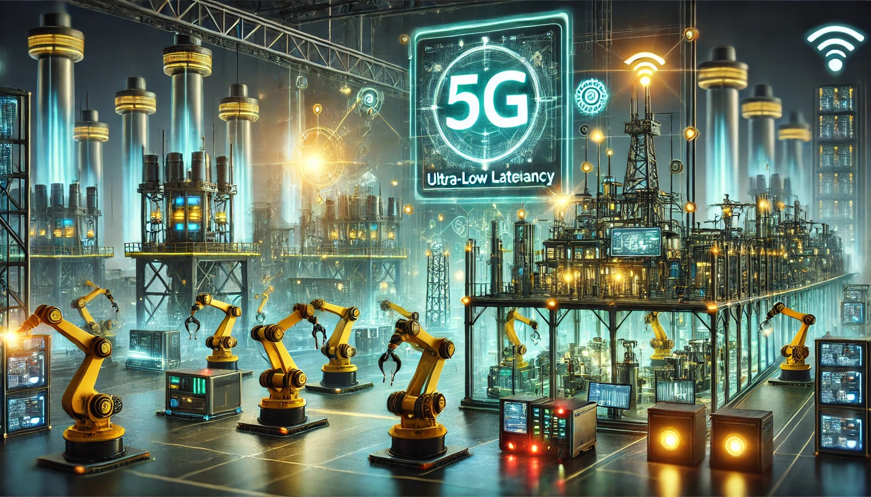 Ilustración de una fábrica inteligente con conectividad 5G, donde robots colaborativos y sistemas automatizados trabajan en un entorno interconectado con hologramas de datos en tiempo real.