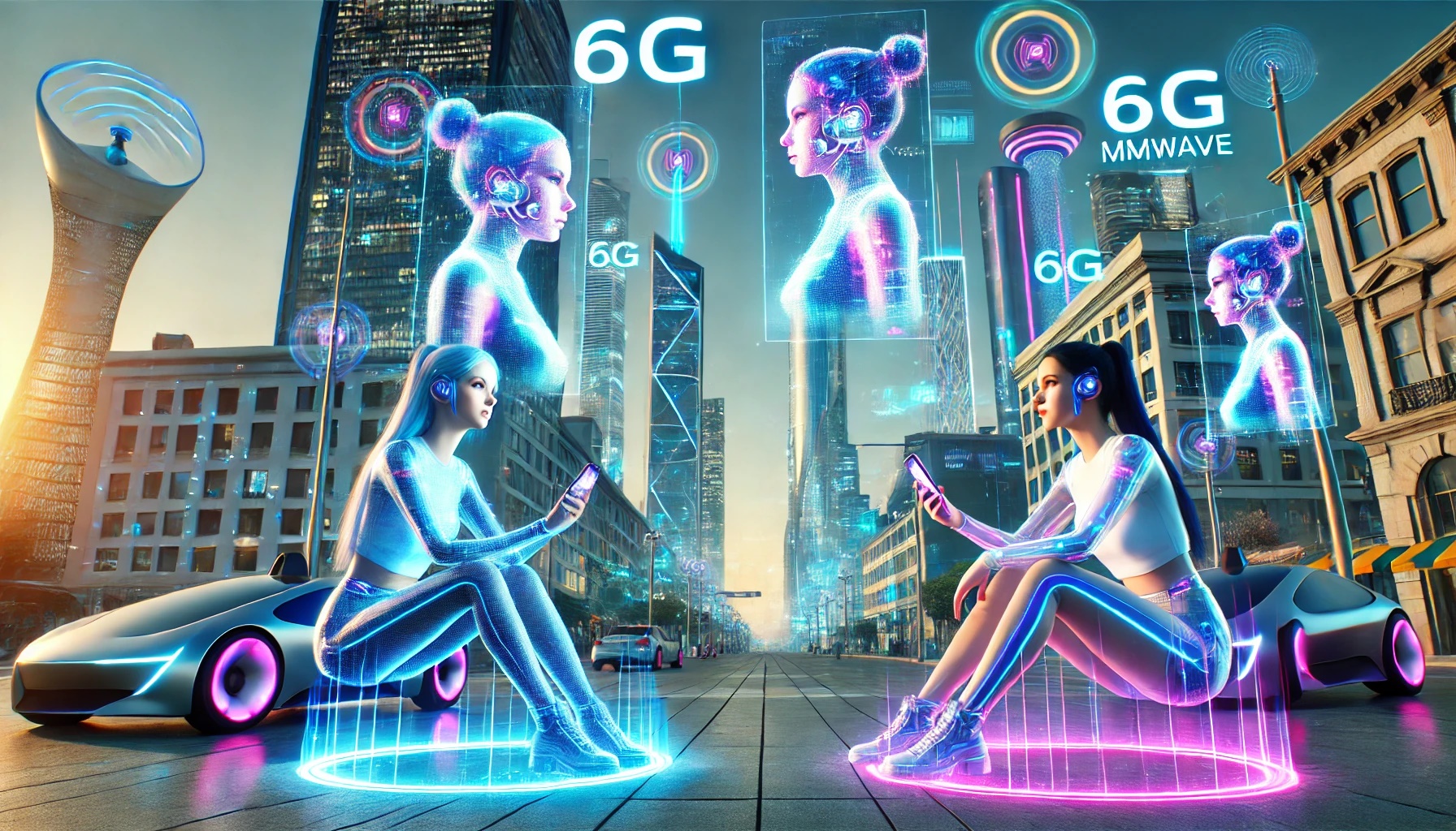 Dos jóvenes sentadas en plazas de una ciudad futurista se comunican a través de hologramas proyectados desde sus teléfonos avanzados con tecnología 6G. La imagen muestra un entorno tecnológico con luces brillantes y estructuras modernas, destacando un automóvil autónomo de última generación y señales digitales con los acrónimos '6G,' 'THz,' y 'mmWave'.