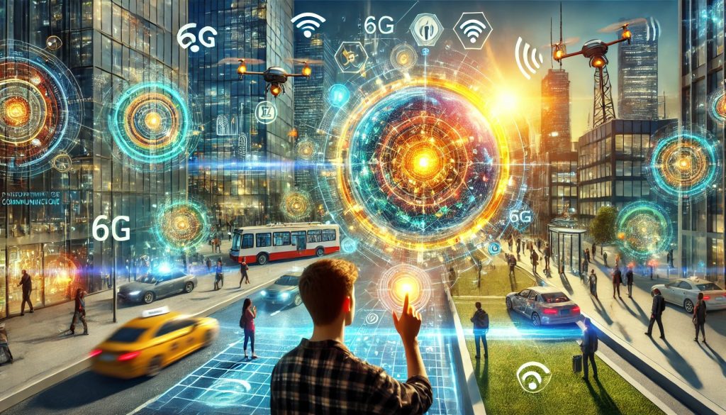 Primer plano de un joven en una ciudad futurista al mediodía, interactuando con un holograma detallado generado con tecnología 6G. El holograma proyecta datos en tiempo real con efectos luminosos vibrantes. En el fondo, vehículos autónomos, drones de comunicación y estructuras inteligentes potencian la conectividad avanzada.