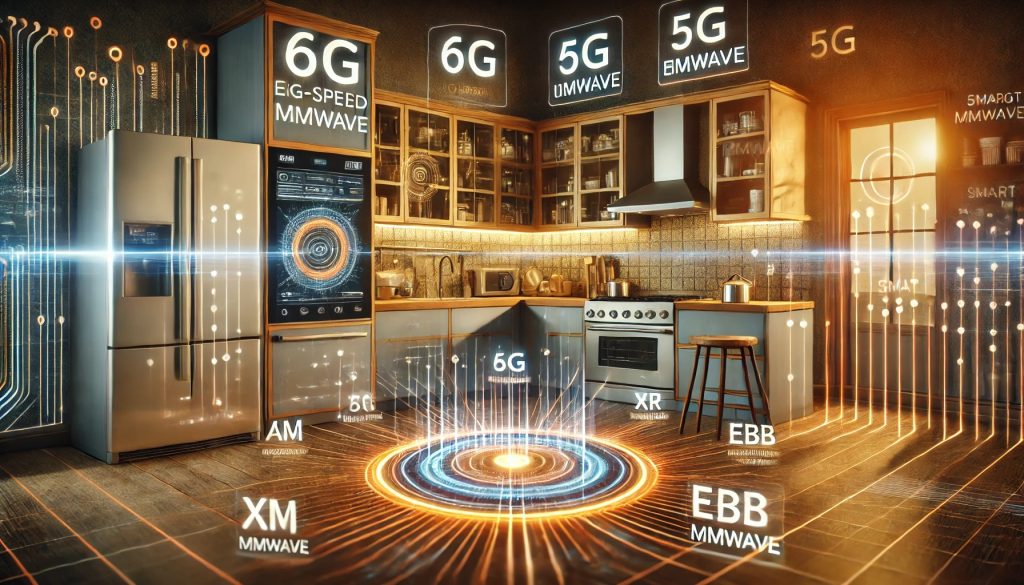 Una cocina futurista de hogar inteligente con tecnología de comunicación inalámbrica avanzada, mostrando interfaces holográficas, electrodomésticos modernos y haces de luz conectando dispositivos.