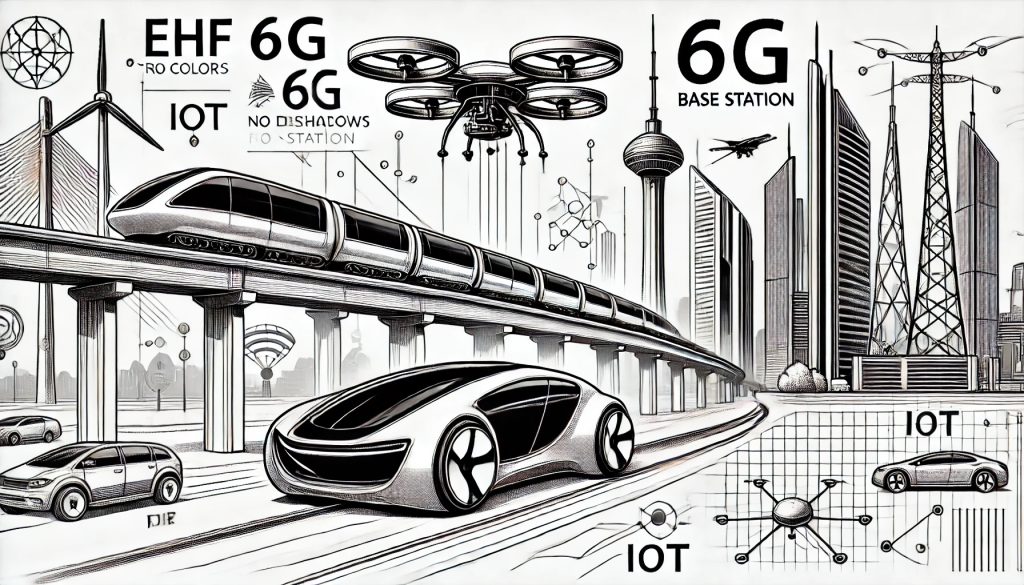 Dibujo lineal en blanco y negro donde se destaca en primer plano un carro futurista autónomo de diseño aerodinámico. En el fondo, un tren magnético elevado, un dron flotante como estación base 6G y una ciudad tecnológica con etiquetas como "EHF", "THz", "IoT", "AI", "mmWave".
