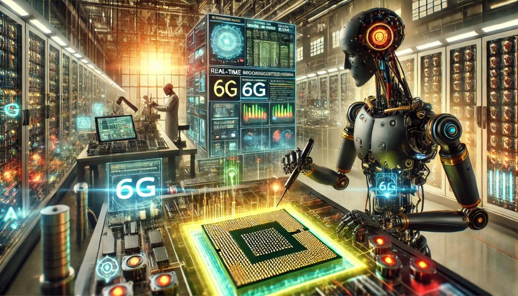 Un robot avanzado colabora con trabajadores especializados en un puesto de trabajo dentro de una fábrica de microprocesadores, optimizando redes 6G con inteligencia artificial y aprendizaje automático. 