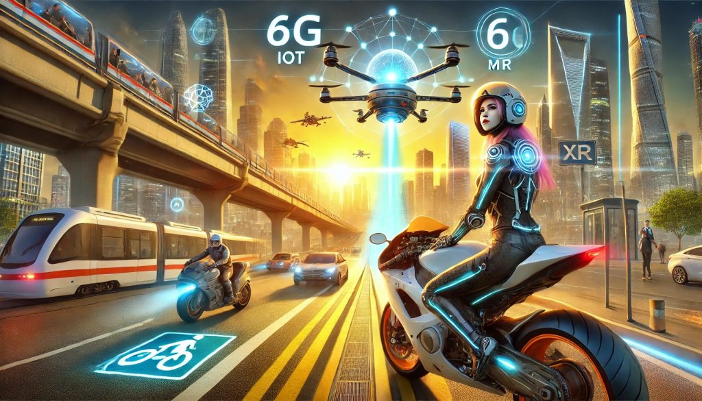 Ilustración futurista de una ciudad inteligente con tecnología 6G, mostrando a una joven motociclista con un casco de alta tecnología, un dron de gran tamaño y elementos de conectividad avanzada.  