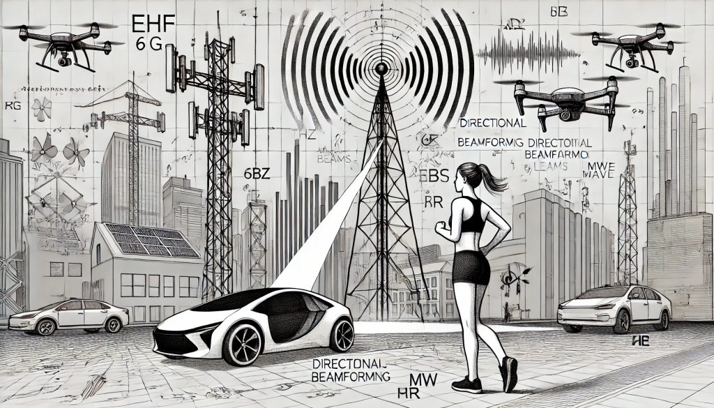 Dibujo técnico lineal de una ciudad futurista con torres y drones que transmiten haces direccionales a una mujer que hace deporte. Un auto autónomo en movimiento muestra una onda que se comprime al frente y se expande detrás, representando el efecto Doppler.