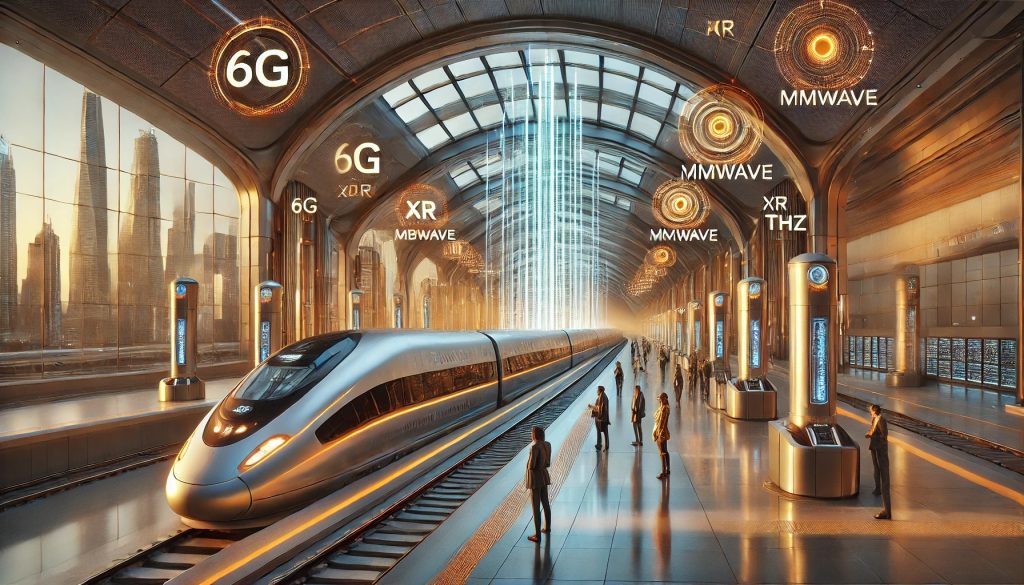 Una estación moderna con trenes magnéticos de alta velocidad, arquitectura metálica elegante y pantallas holográficas mostrando información en tiempo real.