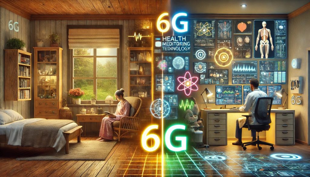 Escena futurista de telemedicina con tecnología 6G. Un paciente en su hogar rural, relajado y escuchando música, es monitoreado en tiempo real a través de sensores médicos y dispositivos inteligentes. En el fondo, un centro de control en un hospital muestra a médicos y técnicos analizando datos de salud proyectados en hologramas, con conexión inalámbrica resaltada por efectos de luz neón.