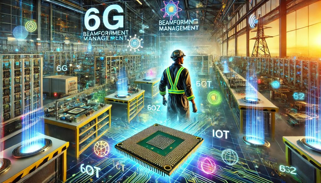Ilustración futurista de la gestión de haces en redes 6G dentro de una fábrica de semiconductores, con un técnico humano uniformado y equipado con un casco de alta tecnología, trabajando con hologramas de diseño