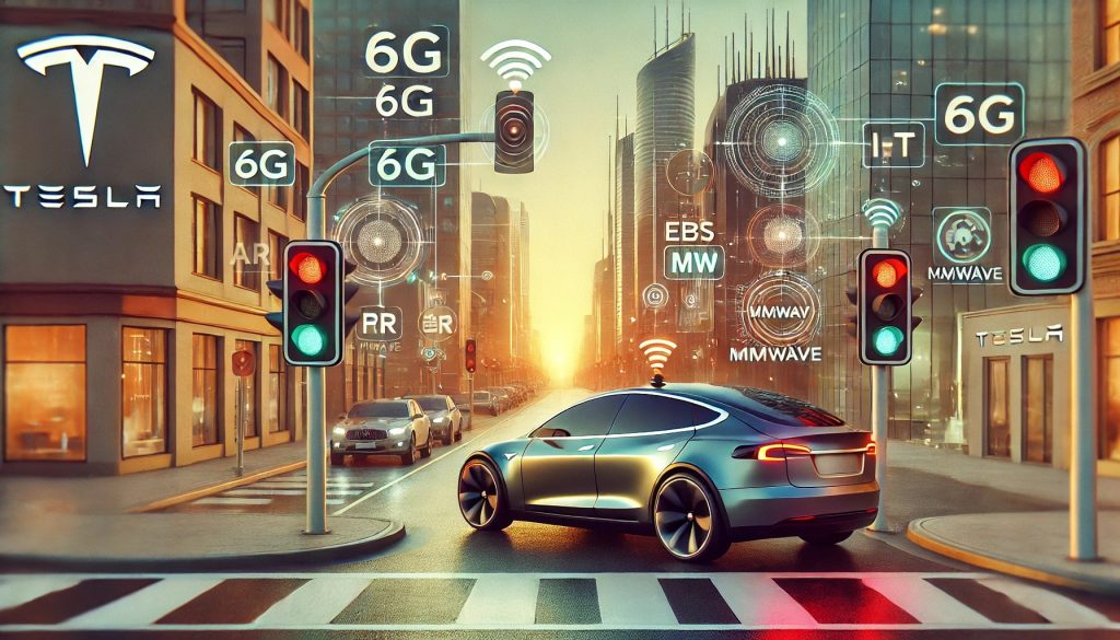 Un vehículo eléctrico de última generación con un diseño aerodinámico y sensores avanzados, interactúa de manera inalámbrica con el sistema de tráfico, mientras los edificios en el fondo reflejan un entorno urbano innovador y tecnológicamente avanzado.